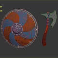 Medieval Weapons Featuring Colorful Painted Shield Ornate Battle Axe With Red Handle And Metal Details