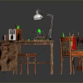 Vintage Wooden Desk And Chair With Table Lamp Laptop And Tools On Surface