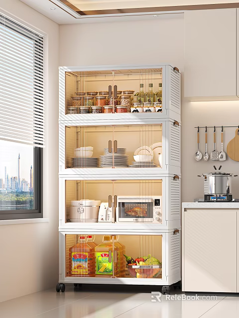 White Multi Tiered Kitchen Cabinets With Glass Doors Storing Containers Plates And Microwave 3d model 
