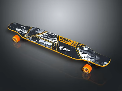 Stylish Black And Yellow Skateboard Design With Abstract Graphics And Orange Wheels 3d model