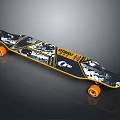Stylish Black And Yellow Skateboard Design With Abstract Graphics And Orange Wheels