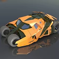 Unique Orange Black Angular Design Car With Large Tires On Sleek Reflective Surface 3d model