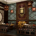Chinese Style Restaurant Interior With Wooden Decor Lanterns And Traditional Patterned Walls