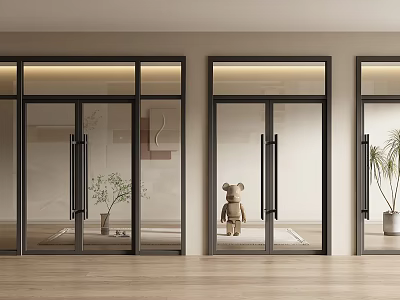 Modern Glass Double Doors With Black Frame Wooden Floor And Indoor Decorative Plants 3d model