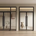 Modern Glass Double Doors With Black Frame Wooden Floor And Indoor Decorative Plants
