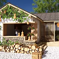 Rural Countryside Scenery with Traditional Cottage Gourd Vines Woodpile Flowers and Person at Entrance