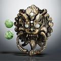 Decorative Traditional Lion Head Door Knocker With Carved Metal Details And Green Jade Spheres