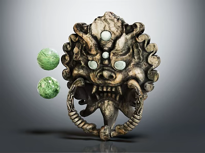 Decorative Traditional Lion Head Door Knocker With Carved Metal Details And Green Jade Spheres 3d model