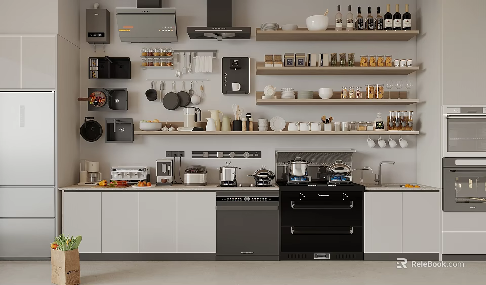 Stylish Modern Kitchen Interior With Cabinets Shelves And Essential Appliances 3d model 