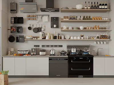 Stylish Modern Kitchen Interior With Cabinets Shelves And Essential Appliances 3d model