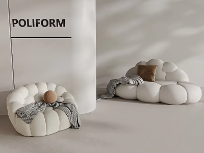 Poliform White Cloud Shaped Sofas With Blanket Cushion And Pouf In Modern Room 3d model