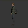 Man Standing in Gray Background Wearing Green Jacket Backpack Blue Jeans and Brown Shoes