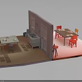 Kitchen Dining Interior With Tables Red Chairs Cabinets Door And Floor Mats