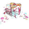 Modern Pink And White Pergola Design With Colorful Circular Seats In Public Area