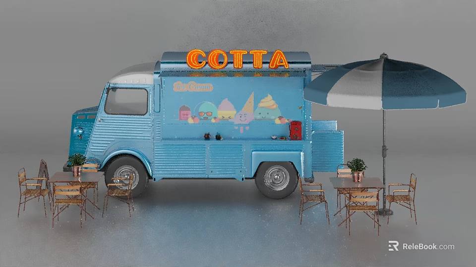 COTTA Blue Ice Cream Truck With Outdoor Tables Chairs And Umbrella 3d model 