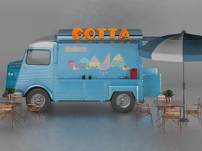 COTTA Blue Ice Cream Truck With Outdoor Tables Chairs And Umbrella 3d model