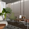 Modern Living Room Sofa Coffee Table Set With White Sofa Green Chair And Large Plant