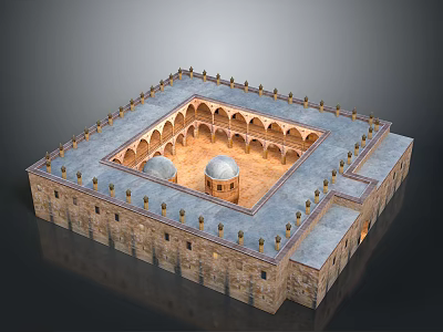 Traditional Building with Square Courtyard Arched Structures Domes Stone Walls and Ornate Roof 3d model