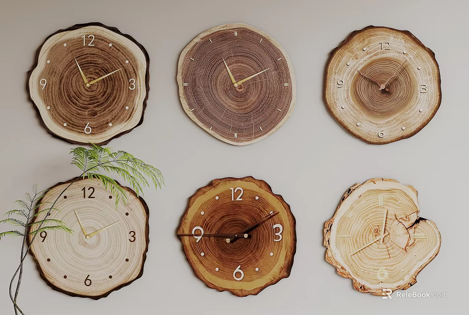 Decorative Wooden Slice Wall Clocks In Various Styles 3d model 