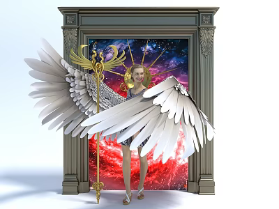Enchanting Garden Decorative Piece With Angel Statue White Wings Golden Scepter And Starry Nebula Background 3d model