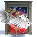 Enchanting Garden Decorative Piece With Angel Statue White Wings Golden Scepter And Starry Nebula Background