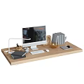 Home Office Wooden Desk Setup With Monitor Keyboard Mouse Lamp Books And Tablet