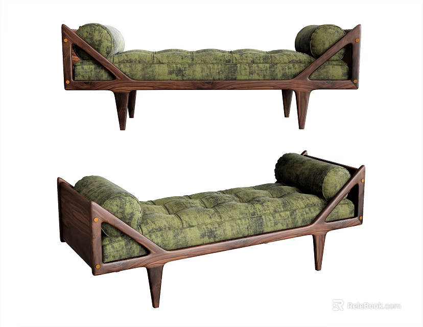 Modern Retro Green Tufted Ottoman With Walnut Wooden Frame And Angular Legs 3d model 