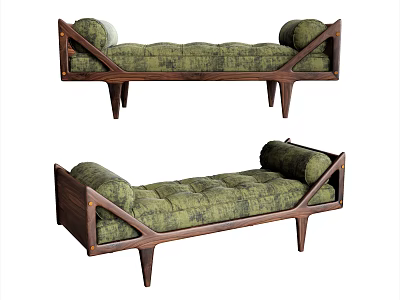 Modern Retro Green Tufted Ottoman With Walnut Wooden Frame And Angular Legs 3d model