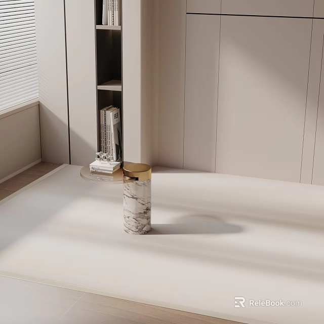Marble Side Table with Gold Accents Near Bookshelf and Window in Natural Light 3d model 