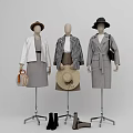 Three Fashion Models Wearing Stylish Coats Dresses And Hats With Handbags And Shoes