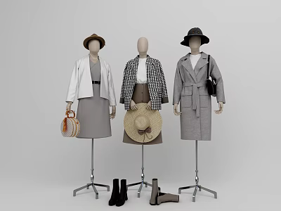 Three Fashion Models Wearing Stylish Coats Dresses And Hats With Handbags And Shoes 3d model