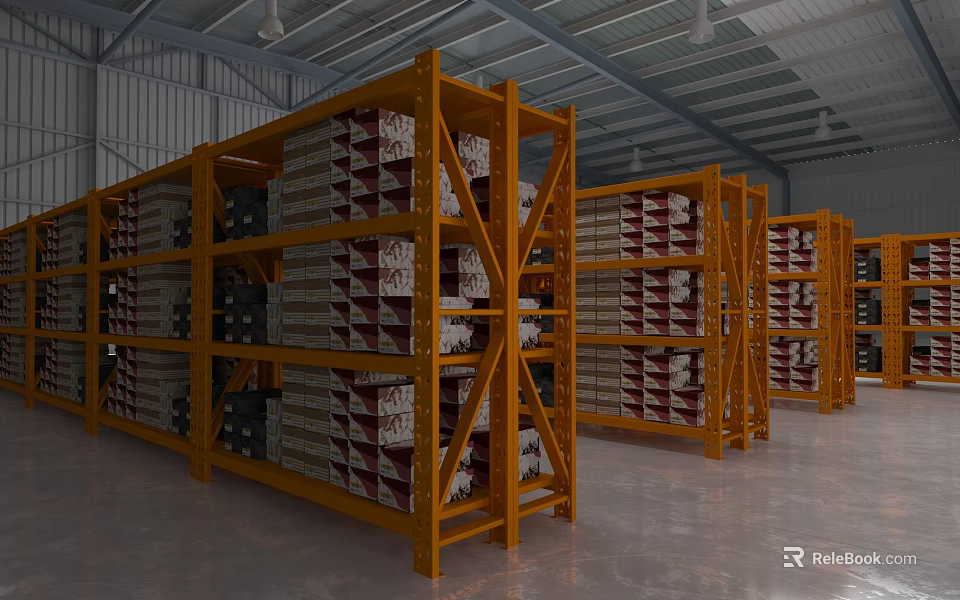 Industrial Warehouse Storage Racks With Metal Shelves Holding Stacked Goods 3d model 