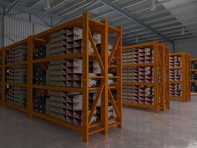 Industrial Warehouse Storage Racks With Metal Shelves Holding Stacked Goods 3d model