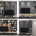 Modern Wooden Black TV Wall Unit With Bookshelves Decorative Vase Sculpture And TV