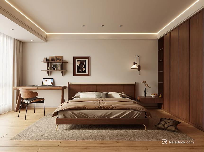 Modern Bedroom Interior with Wooden Bed Desk Laptop Chair Nightstand Framed Painting Ceiling Light Strips 3d model 