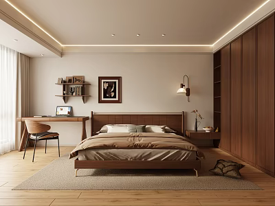 Modern Bedroom Interior with Wooden Bed Desk Laptop Chair Nightstand Framed Painting Ceiling Light Strips 3d model