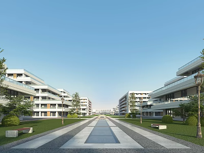 Modern School Buildings In Campus With Wide Path And Greenery 3d model