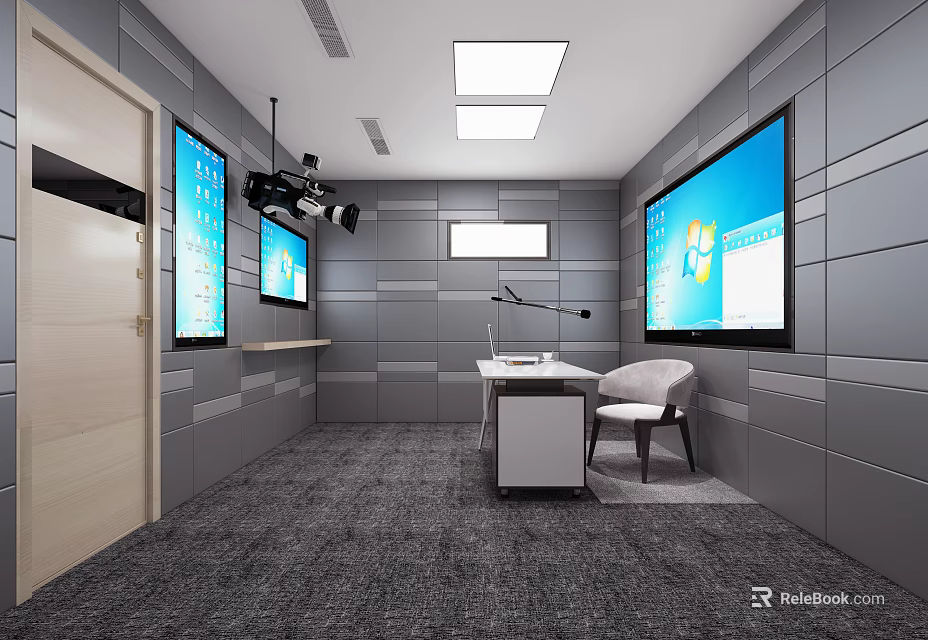 Public Office Space With Gray Walls Large Screens Desk Chair And Ceiling Lights 3d model 