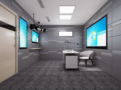 Public Office Space With Gray Walls Large Screens Desk Chair And Ceiling Lights 3d model