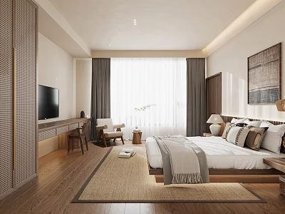 Hotel Guest Room Interior With Modern Bed TV Chair Wooden Floor Area Rug And Window 3d model
