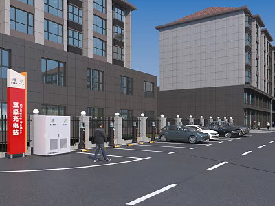 Urban Road Facilities at Building Entrance With Access Control Barriers Lamp Posts Lane Markings and Cars 3d model