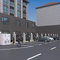 Urban Road Facilities at Building Entrance With Access Control Barriers Lamp Posts Lane Markings and Cars