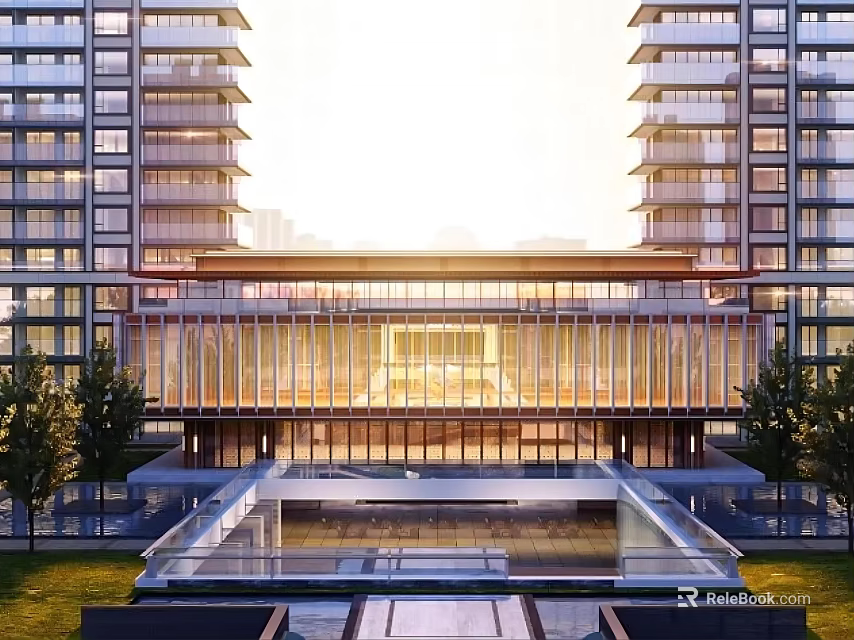 Modern Sales Office Building With Glass Curtain Wall Water Feature And Landscaped Garden 3d model 