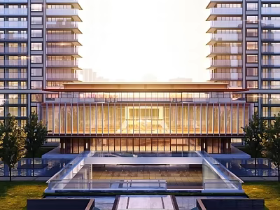 Modern Sales Office Building With Glass Curtain Wall Water Feature And Landscaped Garden 3d model