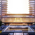 Modern Sales Office Building With Glass Curtain Wall Water Feature And Landscaped Garden