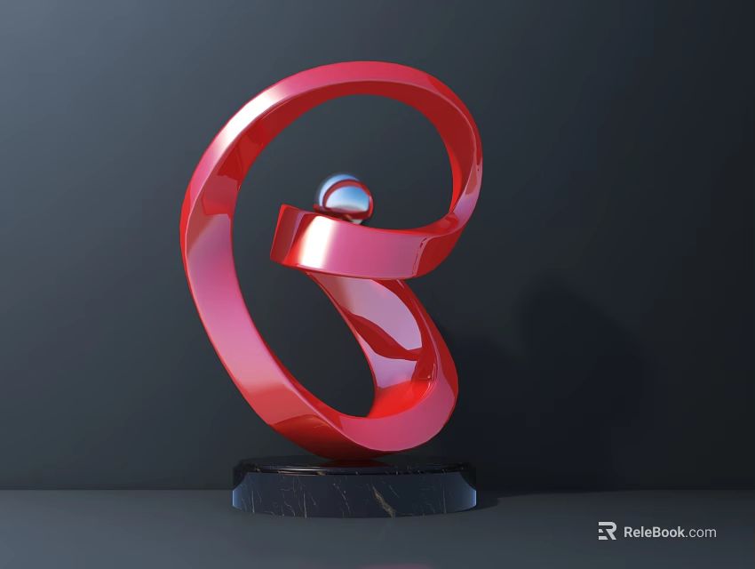 Red Curved Loop Sculpture With Silver Sphere On Black Base Modern Art Design 3d model