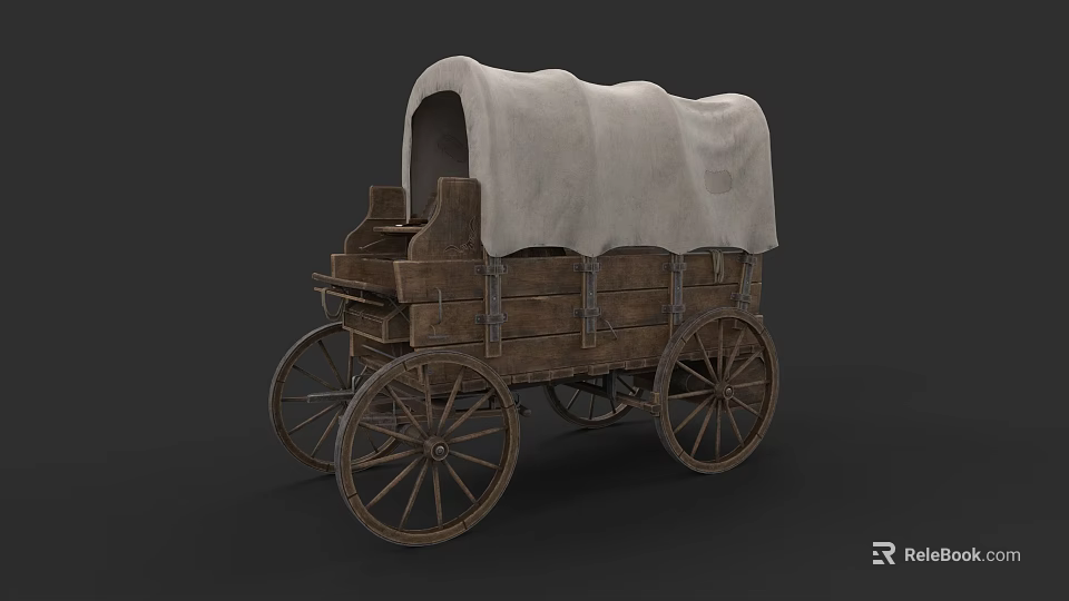 Vintage Wooden Wagon With Canvas Cover And Rustic Wooden Wheels 3d model 