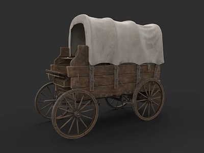 Vintage Wooden Wagon With Canvas Cover And Rustic Wooden Wheels 3d model