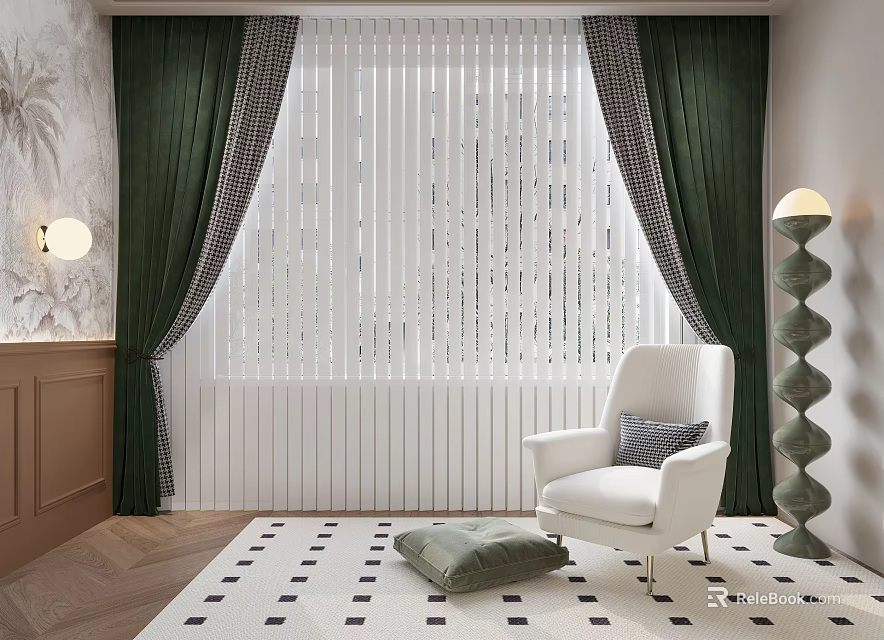 Green Velvet Curtains With White Blinds in Modern Living Room Elegant Window Treatment 3d model 