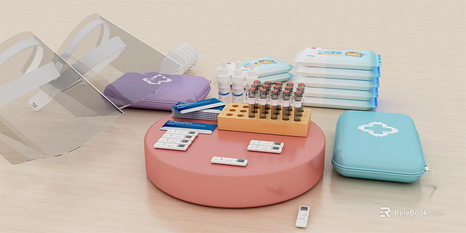Medical Devices Test Tubes Sample Containers Test Cards And First Aid Kits On Pink Platform 3d model 